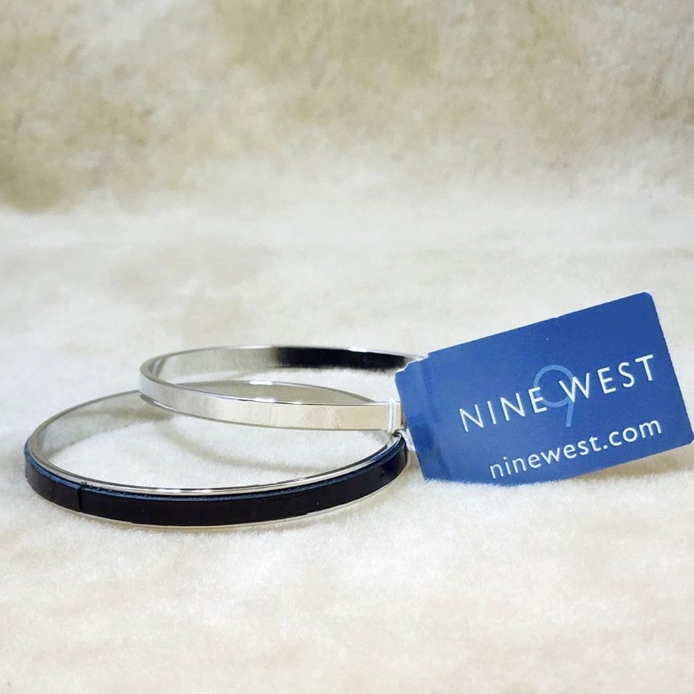 Nine West - bangle bracelets - set of 2 - black leather and silver tone metal